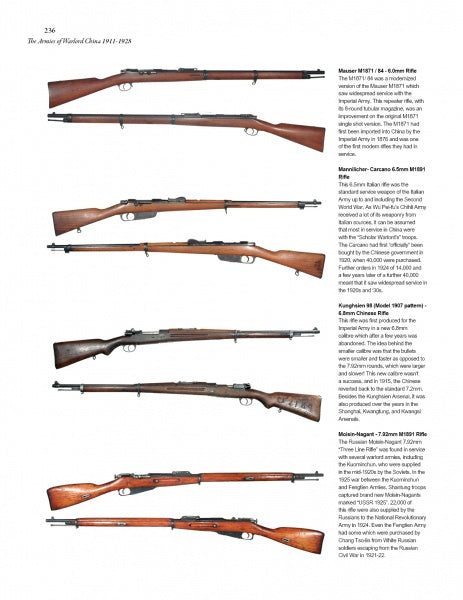 Seven vintage bolt-action rifles from "The Armies of Warlord China 1911-1928" by Schiffer Publishing, Ltd. are displayed horizontally on a white background, each labeled with description text and varying in length, wood finish, and metal components.