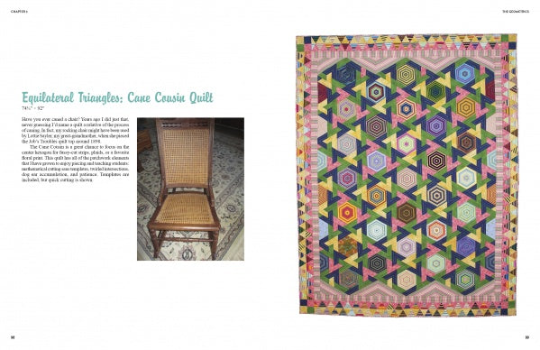 On the left is a woven cane chair; on the right, a vibrant geometric quilt from Scrap Happy Quilts by Georgia Bonesteel (Schiffer Publishing, Ltd.), displayed flat with a wide, multi-colored border inspired by her iconic patterns.