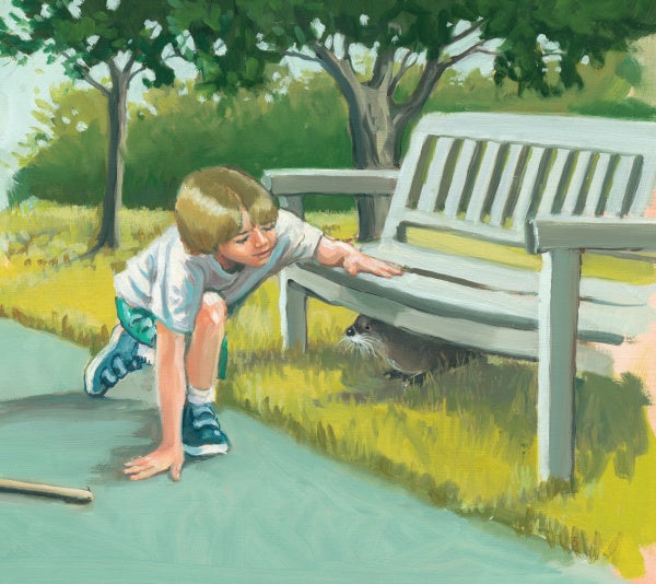A young boy in white clothes crouches on a path, reaching out to a river otter under a bench in a sunny, tree-filled park, capturing the spirit of Schiffer Publishing, Ltd.'s children’s book, Saving Squeak, about wildlife rehabilitation.