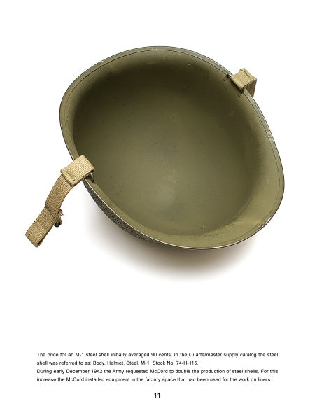A top-down image of "The M-1 Helmet of the World War II GI" by Schiffer Publishing, Ltd. shows the green helmet with khaki chin straps on a white background, with text below about its WWII manufacturing, combat use, and cost.