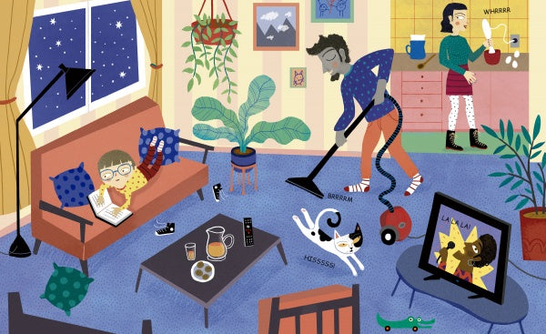 A cozy, colorful living room at night from "Shhh" by Schiffer Publishing, Ltd.: a child reads on the sofa, an adult vacuums, a cat hisses, another washes dishes in the kitchen, and a TV displays two people singing.