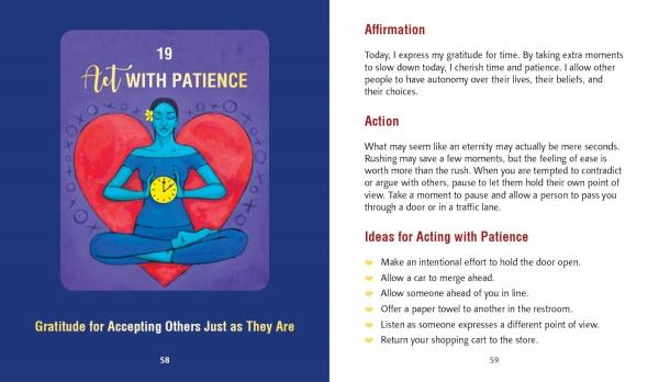 An illustrated spread in "Thank Forward" by Schiffer Publishing, Ltd. shows a meditating person with heart and clock symbols. The facing page includes an affirmation, action steps, and tips like using gratitude cards to inspire kindness.