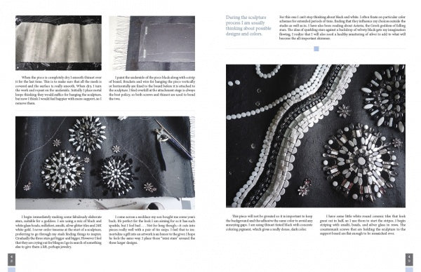 Two pages from "Sculptural Secrets for Mosaics" by Schiffer Publishing, Ltd. show detailed steps for hand-embellishing black fabric with silver and crystal beads, sequins, and stones, plus close-ups of the intricate beadwork and tools used.