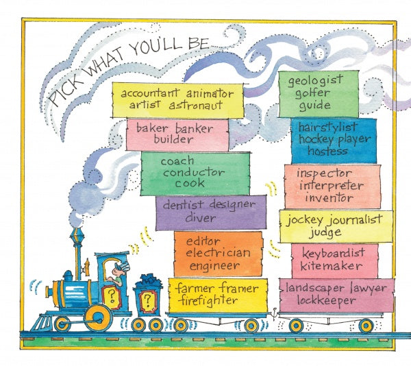 A to Z: Pick What You'll Be by Schiffer Publishing, Ltd. features a vibrant train illustration with stacked blocks listing kids’ careers like artist, chef, and engineer—ideal as a career ABC or picture book for ages 0-6.