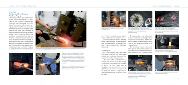 A two-page spread from Schiffer Publishing, Ltd.’s The Book of Forging displays text and photos of metal forging, techniques, workers shaping hot metal, machines pressing metal, and close-ups of heated pieces—ideal for forging beginners.