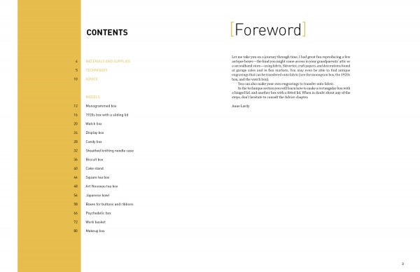On the left, Vintage Cardboard Crafting by Schiffer Publishing, Ltd. displays a table of contents for materials, techniques, advice, and instructions; on the right is Jason Lively’s Foreword. The layout has black and yellow text in a minimalist style.
