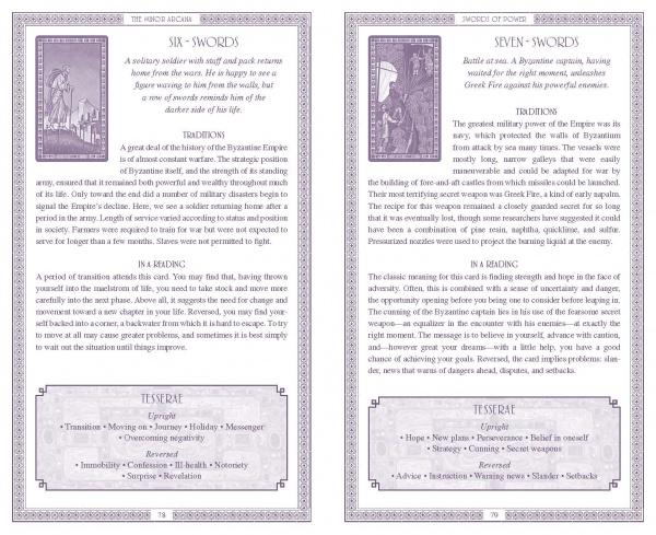 Discover the Six and Seven of Swords from The Byzantine Tarot by Schiffer Publishing, Ltd.—each card features illustrations, tradition, expanded meanings, keywords, and ornate borders inspired by Byzantine Empire artistry.