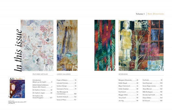 Magazine table of contents for "New Directions" by Schiffer Publishing, Ltd., features abstract, colorful art quilts with "In this issue" and a list of articles, galleries, and interviews exploring contemporary art quilting.