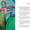 Two vibrant, abstract figures stand on grass holding hands—one offering help. On the right, "Manifesting Your Greatness" by Schiffer Publishing, Ltd. gives advice about asking for help, with a small artwork and green heart accents nearby.