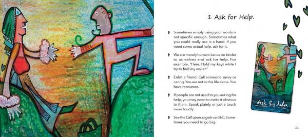 Two vibrant, abstract figures stand on grass holding hands—one offering help. On the right, "Manifesting Your Greatness" by Schiffer Publishing, Ltd. gives advice about asking for help, with a small artwork and green heart accents nearby.