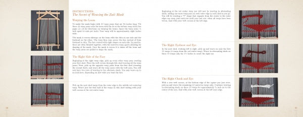A spread from "The Art of Weaving a Life" by Schiffer Publishing, Ltd. shows photos of a wooden loom and step-by-step instructions for creating red and white tapestry keyform projects.