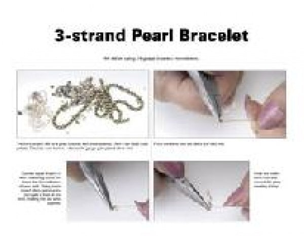 Learn to create a 3-strand pearl bracelet with Beads & Wires Jewelry by Schiffer Publishing, Ltd., featuring step-by-step instructions and images of jewelry materials and hands using pliers to assemble the piece.