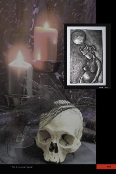 I. Lucifer by Schiffer Publishing, Ltd. is displayed with a human skull adorned with a black feather, three lit candles, and a framed sculpture of a pregnant figure with a crescent moon against a dark backdrop.