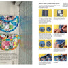 Three colorful patchwork pouches hang on a white wall. On the right, 50 Pouches from Schiffer Publishing, Ltd. offers step-by-step photo instructions—a perfect guide for creative pouch patterns and fabric scrap projects.