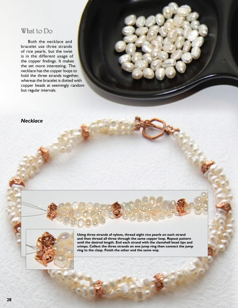 Pearl Projects for Beaders by Schiffer Publishing, Ltd. offers step-by-step instructions to create a pearl necklace with copper beads and clasp, featuring close-up images, finished projects, and clear guides for stringing and assembly.