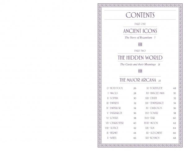 Table of contents page for The Byzantine Tarot by Schiffer Publishing, Ltd., listing sections—Ancient Icons, The Hidden World, The Major Arcana—with a numbered list of card names and their page numbers from this distinctive deck.