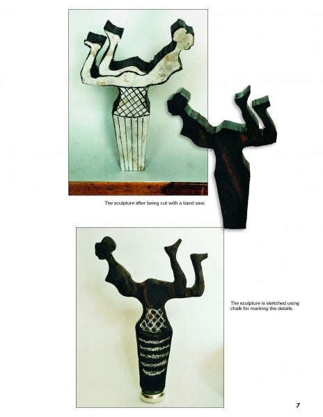 Two photos show a metal sculpture for Sculpting Cane Handles by Schiffer Publishing, Ltd. The top photo presents the cut-out acrobat shape, while the bottom highlights chalk lines like those used in cane making or wood carving.