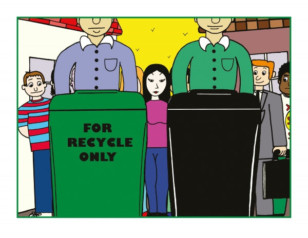Cartoon from "Ronnie Raven Recycles" by Schiffer Publishing, Ltd. shows people by two bins—green labeled FOR RECYCLE ONLY. Great for kids’ recycling stories; features casually and formally dressed characters, with a woman in pink at the center.
