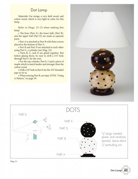 A page from "Turning Segmented Lamps" by Schiffer Publishing, Ltd. features lamp-making instructions and diagrams, including a polka-dot base lamp image, step-by-step part diagrams, and detailed building process descriptions.