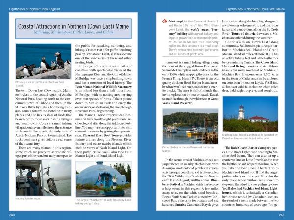 Schiffer Publishing, Ltd.’s "Lighthouses and Coastal Attractions of Northern New England" showcases two pages with images of puffins, a blue van by the coast, a shoreline village, and a white lighthouse—ideal for lighthouse enthusiasts.