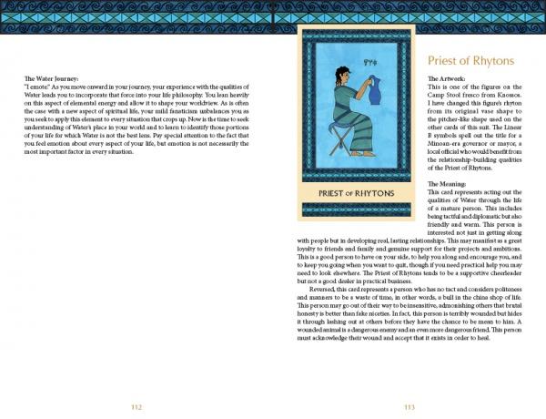 A two-page spread from The Minoan Tarot by Schiffer Publishing, Ltd.: the left page shows "The Water Journey" with a blue border and Cretan-style art; the right page features the Priest of Rhytons card, matching artwork, and its meaning.