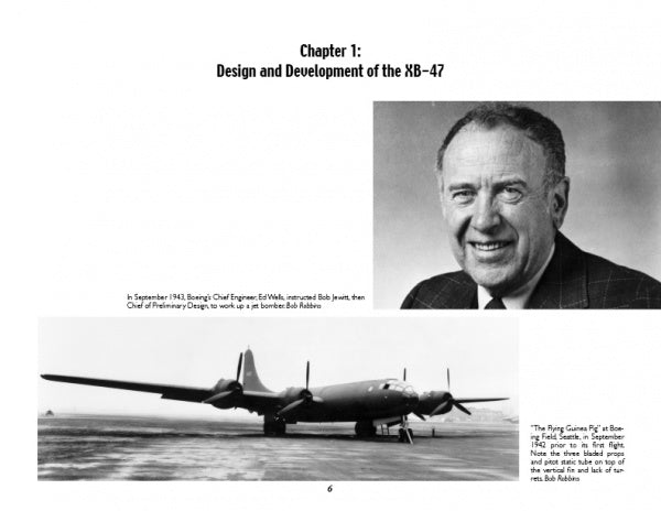 A black-and-white page from "Boeing B-47 Stratojet" by Schiffer Publishing, Ltd. shows Chapter 1: Design and Development, with a suited man smiling and a photo of the bomber on a runway from this Photographic History.