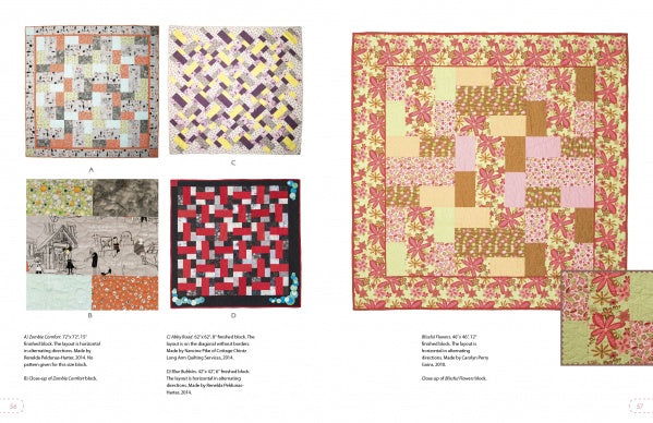 The Fiona Quilt Block by Schiffer Publishing, Ltd. displays four colorful quilt patterns—three small squares on the left and a larger one on the right—featuring unique designs perfect for inspiring beginner quilting projects.