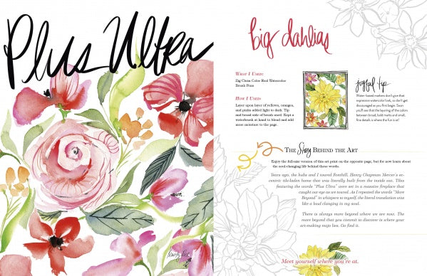 A vibrant watercolor of pink and red flowers fills the left page of The Art for Joy’s Sake Journal by Schiffer Publishing, while the right page has handwritten notes on big dahlias, a floral sketch, and tips from artist Kristy Rice.
