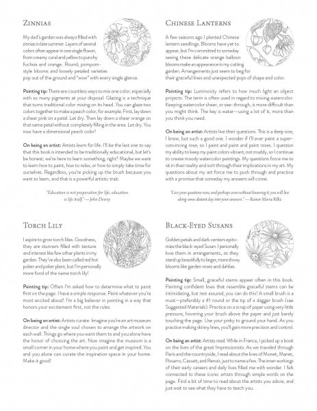 A black-and-white page from Kristy's Fall Cutting Garden by Schiffer Publishing, Ltd. displays four sections, each with a circular botanical illustration and details about Zinnias, Chinese Lanterns, Torch Lily, and Black-Eyed Susans.
