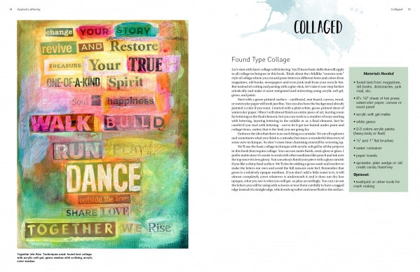 The Painted Word by Schiffer Publishing, Ltd. features a vibrant mixed media collage with inspirational words like "change your story," plus calligraphy techniques and a supply list to help you create similar art.
