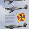 Three German WWII aircraft are shown in side view, each with unique markings and camouflage. At the center is a flag with a black cross and red/yellow details, echoing themes from "Stukas Over Spain" by Schiffer Publishing, Ltd.