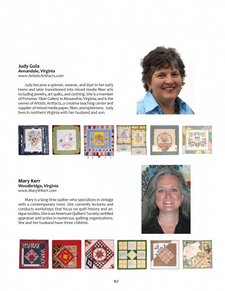 A magazine page features headshots and short bios of Judy Gula and Mary Kerr. Below are images of colorful contemporary quilts and vintage blocks from Schiffer Publishing, Ltd.'s A Quilt Block Challenge.