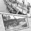 Two black-and-white photos from "Panzergrenadier Divisions of the Waffen-SS" (Schiffer Publishing, Ltd.): Top—Waffen-SS panzergrenadiers cross a pontoon bridge. Bottom—soldiers inspect an abandoned Soviet 76-mm anti-aircraft gun by a road.