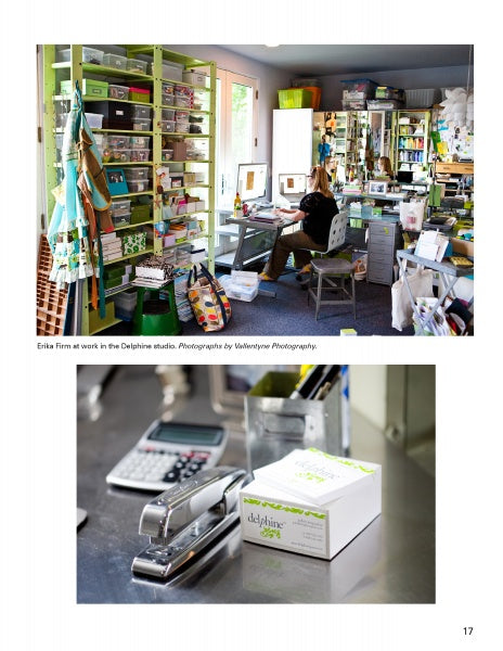 Top: Someone researches artist biographies at a colorful, supply-filled desk. Bottom: Close-up of artists’ stationery—a stapler, calculator, and “delphine” box—featured in "Today's Top Stationery Artists 2" by Schiffer Publishing, Ltd.