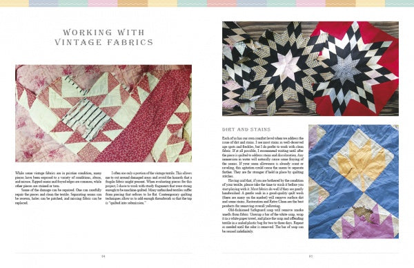 A two-page spread from *Twisted* by Schiffer Publishing, Ltd. describes handling dirt and stains on vintage quilts, with a pink and white quilt on the left and star and diamond-pattern quilts on the right.