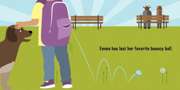 A child with a purple backpack stands next to a brown dog in the park, watching a bouncy ball bounce away. Two people sit on benches nearby. Text reads: “‘The Missing Bouncy Ball’ by Schiffer Publishing, Ltd.—a toddler mystery book.”.