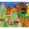 In "The Evil Mailbox and the Super Burrito" by Schiffer Publishing, Ltd., a wide-eyed yellow character stands with an Evil Mailbox on a cliff, as fuzzy creatures fly carts among green spires—a perfect middle grade adventure.
