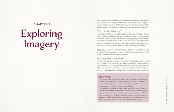 The book "How Art Heals" by Schiffer Publishing, Ltd. is open to Chapter 3, “Exploring Imagery,” featuring text on art therapy and guided meditation, a highlighted safety tip, and a clean layout with purple accents and generous white space.