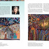A magazine spread showcases an artist profile from Art Quilts Unfolding by Schiffer Publishing, Ltd., with a woman's photo at the top center and vibrant, intricate art quilts displayed below, surrounded by descriptive text.