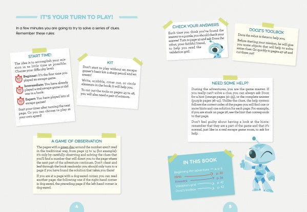 Two pages from Schiffer Publishing, Ltd.’s "Escape Game Adventure: Trapped in Space" show instructions, rules, tips, and a blue cartoon robot pointing. Sticky notes offer hints and explain how word games boost problem-solving skills.