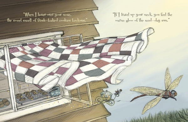 A checked quilt billows from a window above cookies, with a dragonfly nearby. Warm sunlight bathes this cozy scene from “Mabel and the Queen of Dreams” by Schiffer Publishing, Ltd., with whimsical quotes floating above like a bedtime story.