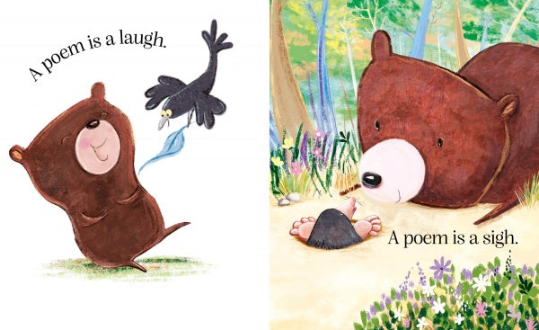In "A Poem Is a Firefly" by Schiffer Publishing, Ltd., delightful moments unfold as a bear laughs with a bird and another sighs beside a mole in the forest—perfect poetic scenes for kids to enjoy.