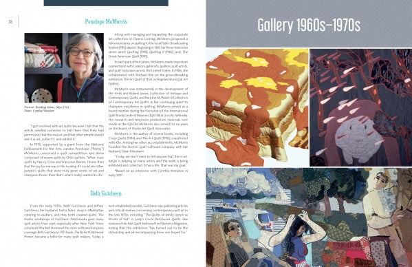 A magazine spread in "Art Quilts Unfolding" (Schiffer Publishing, Ltd.) shows Penelope McMorris, two text blocks, and four vibrant quilts—abstract and figurative—under the heading Gallery 1960s–1970s.