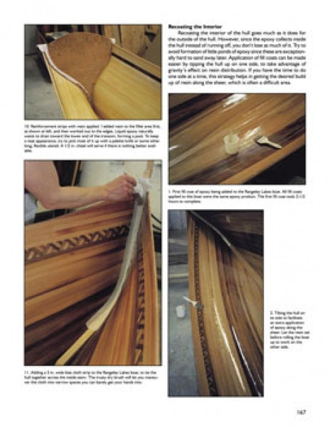 A close-up of a man painting a canoe showcases the detailed craftsmanship featured in the Woodstrip Rowing Craft by Schiffer Publishing, Ltd.