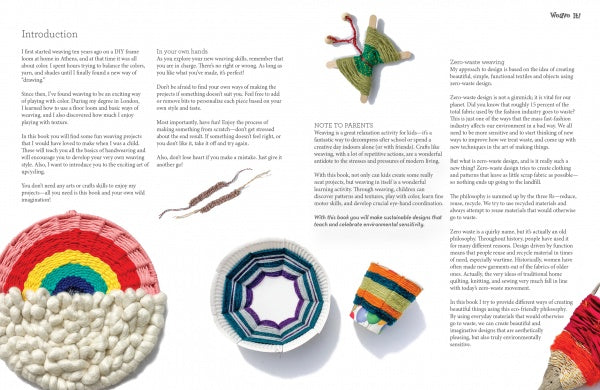 A magazine spread features "Weave It!" by Schiffer Publishing, Ltd., showcasing weaving projects for kids alongside colorful crafts—a rainbow, a striped bowl, a round mat, and a small green piece with dangling threads.