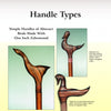Three Sculpting Cane Handles by Schiffer Publishing, Ltd. are displayed on a gradient background. Each features an abstract bird shape with distinct curves, visible wood grain, and a brass corrugated collar—ideal for cane making.