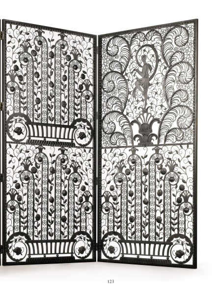 The “Edgar Brandt” screen by Schiffer Publishing, Ltd. features ornate black metal with floral and leafy patterns and a central female figure framed by vines, inspired by Art Deco ironwork, displayed open on a white background.