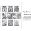 A grayscale page shows twelve AboraMana self-discovery cards (by Schiffer Publishing, Ltd.) in two rows on the left, with the right side featuring text titled Magic Physics / First Set: The Gates to the Houses and a description about reading the cards.
