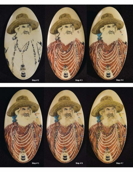 Six oval panels illustrate the step-by-step process of creating a bearded man's portrait using Advanced Scrimshaw Techniques by Schiffer Publishing, Ltd., showing the artwork's transformation from sketch to detailed, colorful finish.