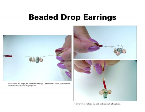 A step-by-step tutorial for making Ribbon Jewelry by Schiffer Publishing, Ltd., ideal for workshops, shows hands threading ribbon through beads and securing them, with instructional text on each image.